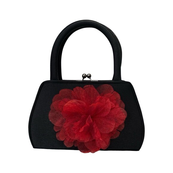 Julie Feldman Handbags - Julie Feldman Black Satin Evening Bag Red Floral Kiss Lock Chain Strap